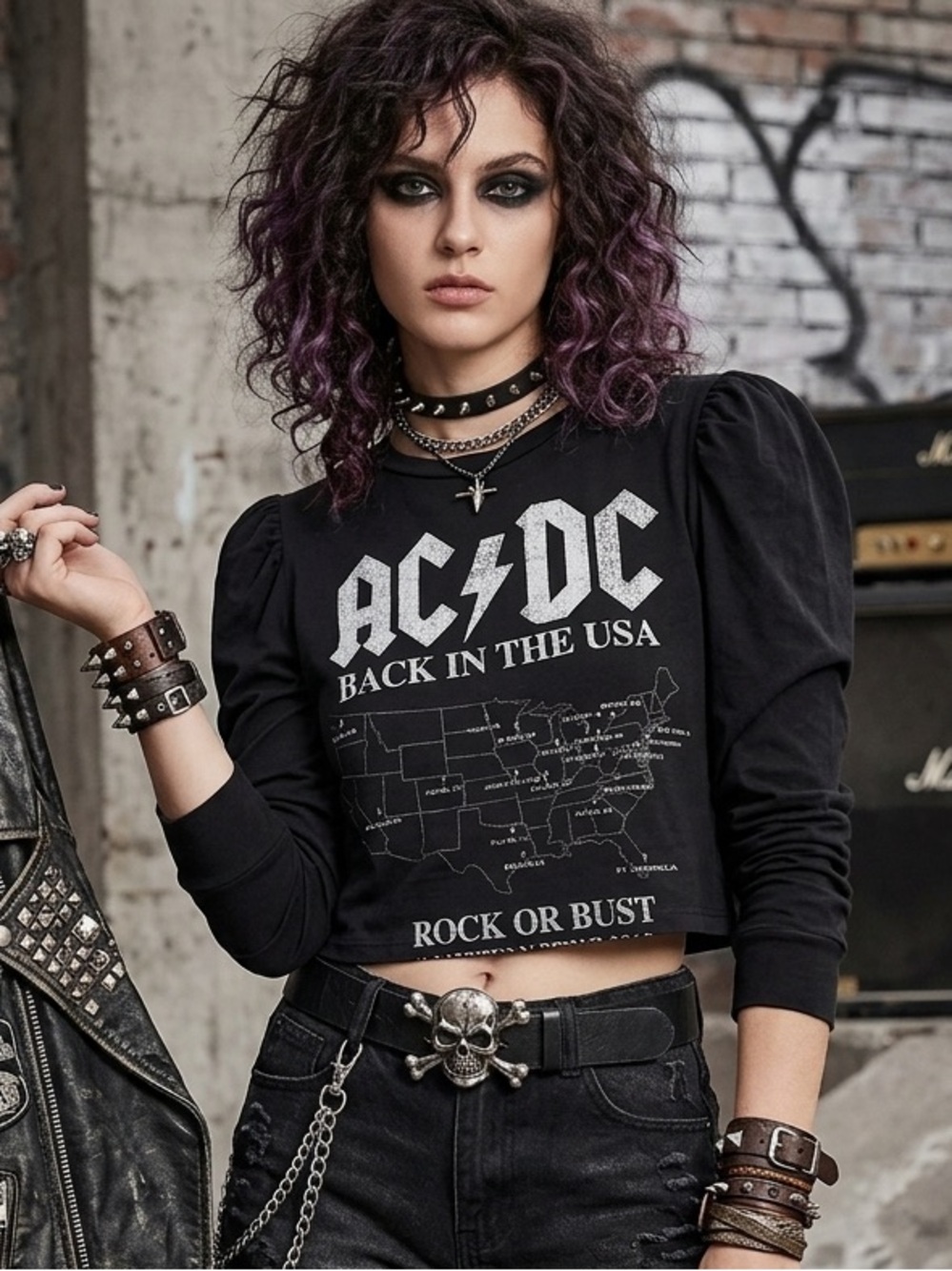 AC/DC Back in the USA Rock or Bust USA Tour Long Sleeve Crop Tee NEW Size XS